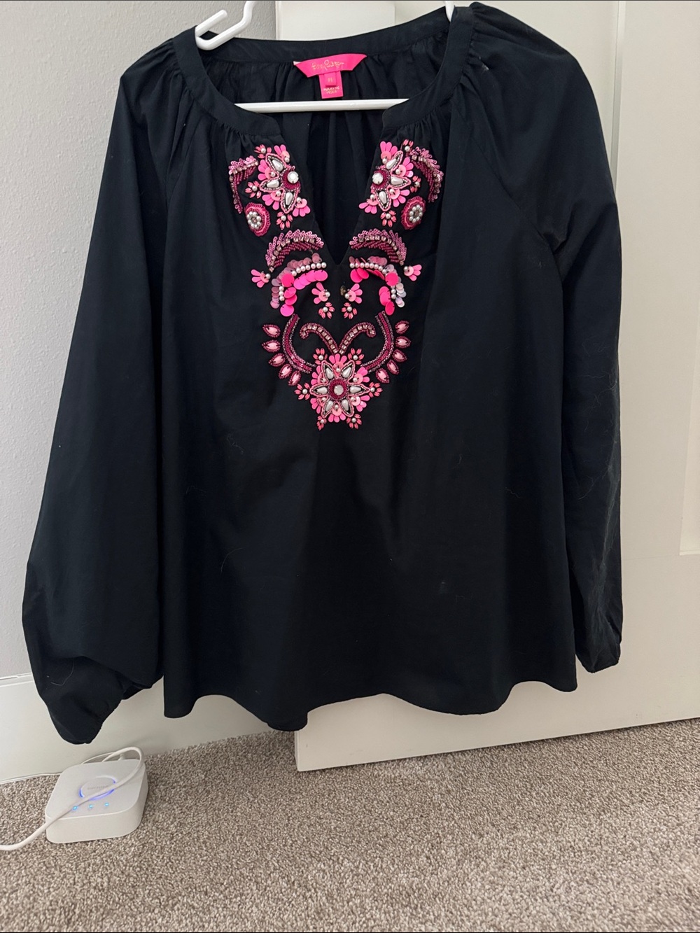 Lilly Pulitzer Black Peasant Top with Pink Embroidered Accents